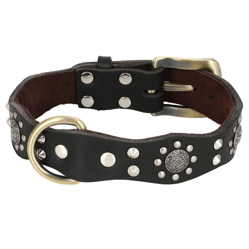 Retro Genuine Leather Pet Collar For Medium Dogs Spiked Studded Dog Collar Anti-bite Pet Necklace For Border Collie Labrador