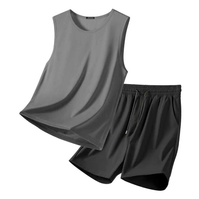 Summer Ice Silk Quick-Dry Sleeveless Tank Top Shorts Set Men's Fitness Training Sportswear Casual Top