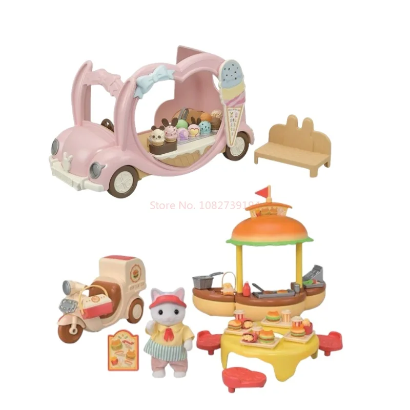 Sylvanian Families Anime Figure Hamburger Shop Ice Cream Cart Set Cute Families Doll Decoration Model Kids Toys Birthday Gifts