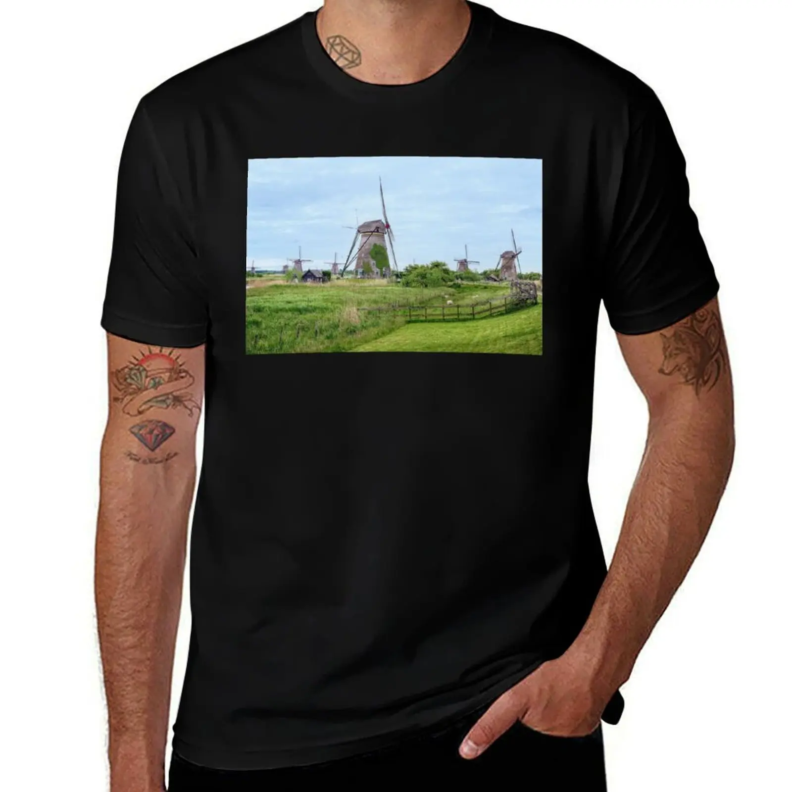 The Windmills of Kinderdijk T-Shirt Modern Print Casual T-Shirt