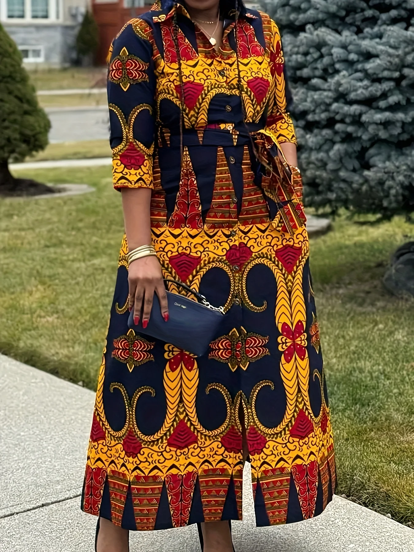Contrast Trim Mixed Print Shirtwaist Dress - Belted Casual Elegance for Everyday Styling