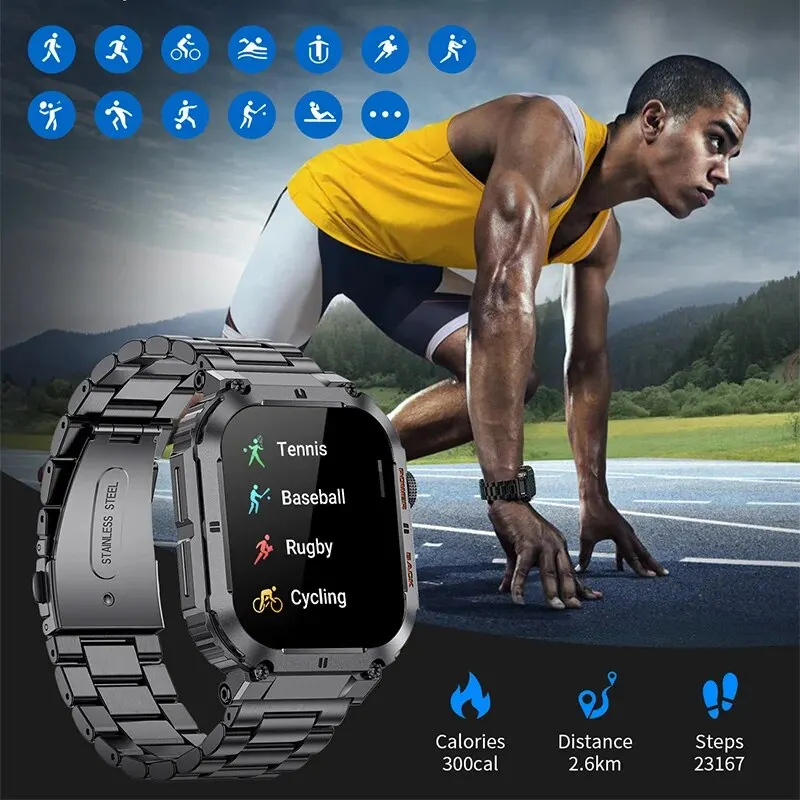 LIGE Outdoor Sports Fitness Smartwatch dla mężczyzn 1.96 Cal ekran Bluetooth Calling zegarki wodoodporne tlen we krwi Reloj Hombre