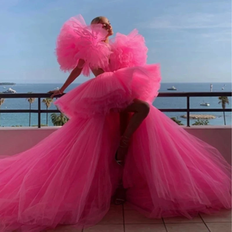 Fashion Hot Pink High Low Tulle Prom Gowns Very Lush Tulle Sleeves Sexy Long Tulle Women Dresses To Red Carpet Tulle Robe