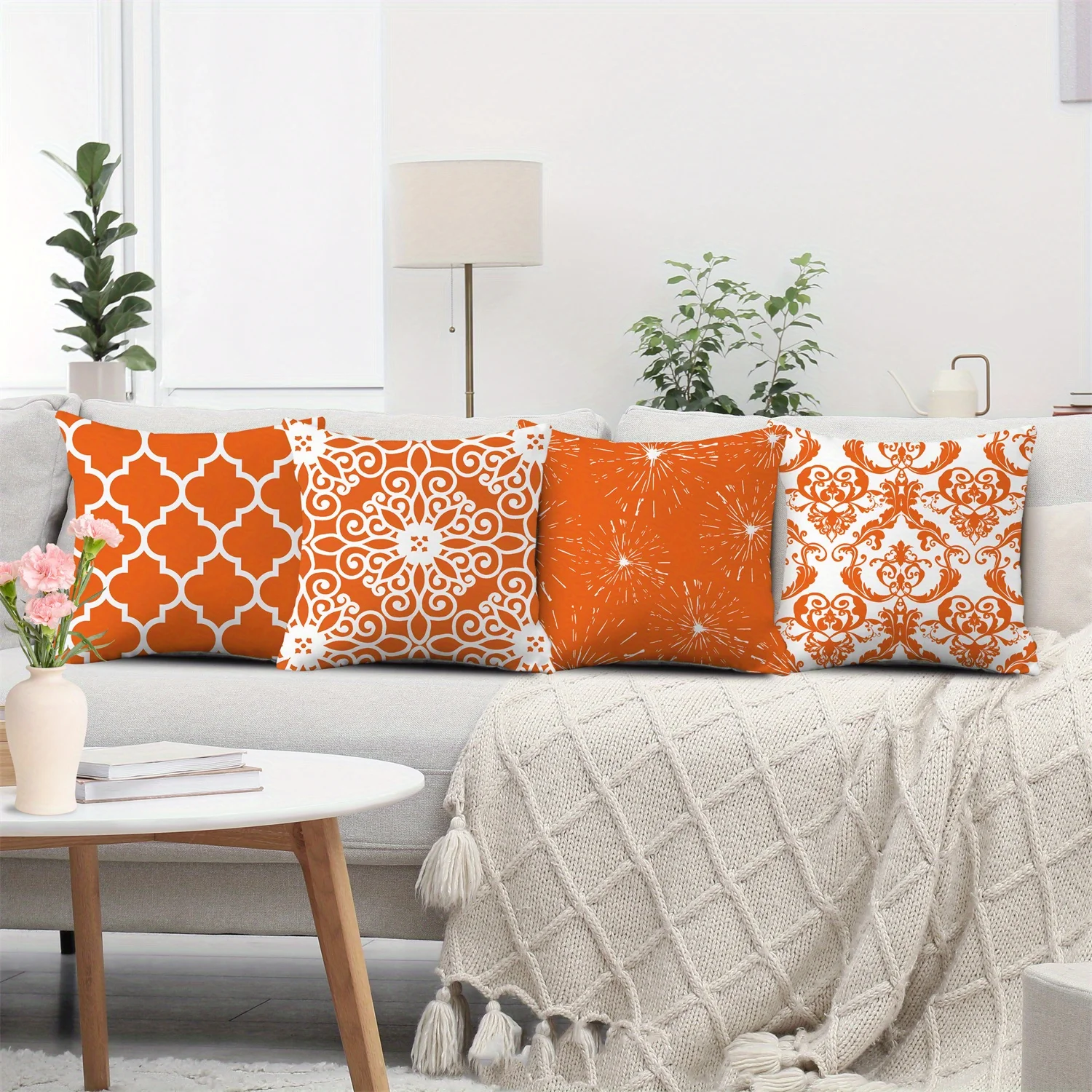 4 Pack Vibrant Orange Cushion Covers 45x45cm White Scroll, Lattice, Starburst & Baroque Patterns for Contemporary Sofa Decor