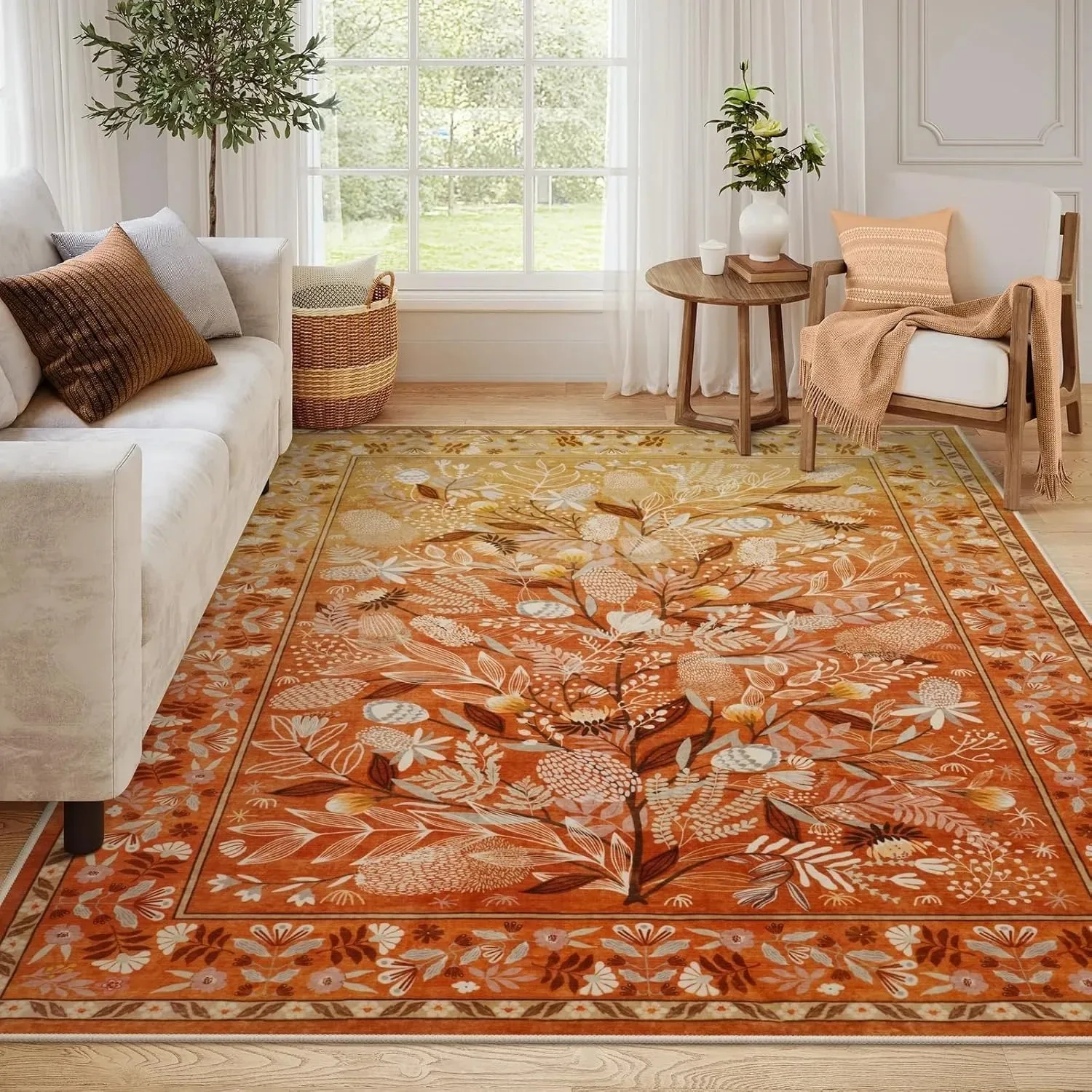 Living Room Carpet Non-slip Soft Machine Washable Orange Floral Print Bedroom Rug Large Size Home Decoration Mat Ковер 거실 카펫
