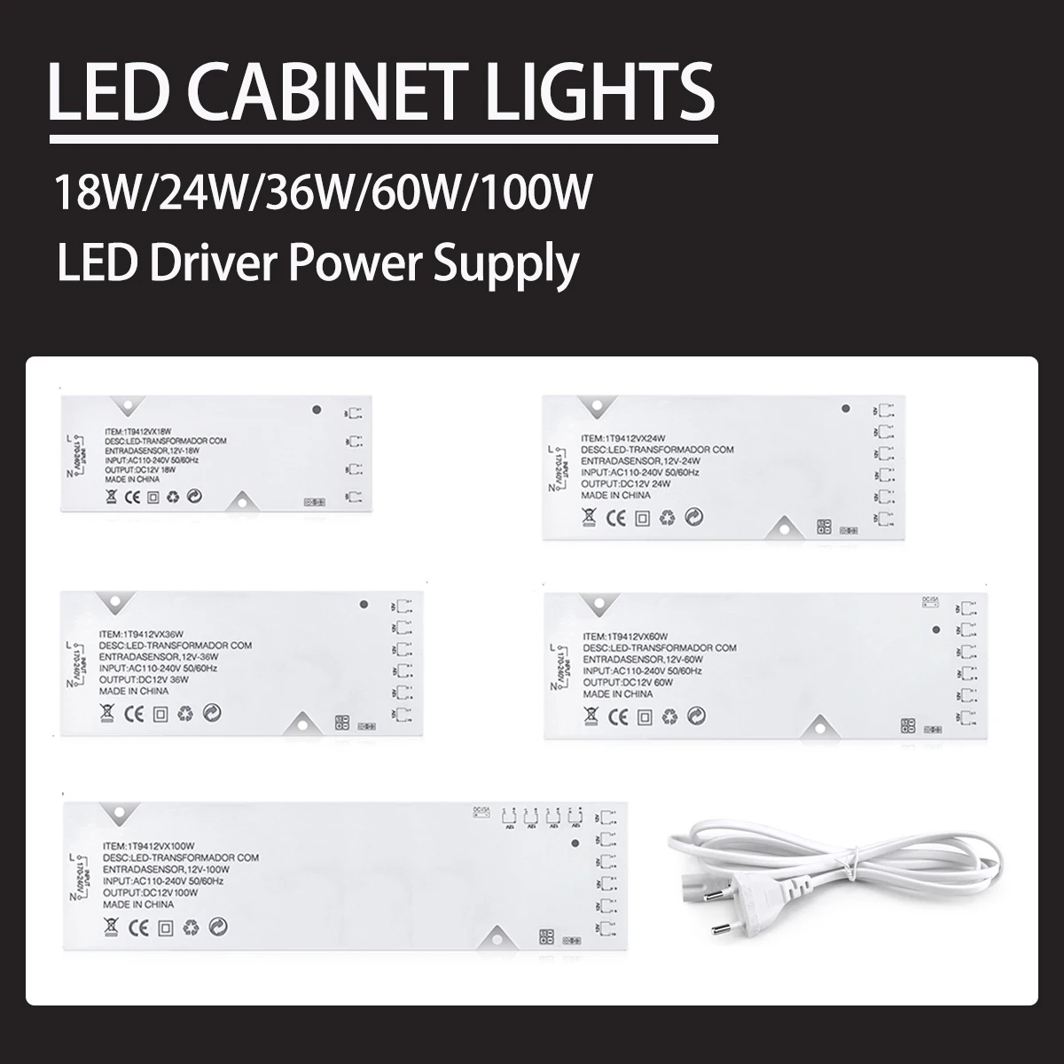 

LED Cabinet Light Strip Transformer 18W-100W AC110-240V to DC12V Power Supply Adapter with 4/6/10x Dupont Ports for LED Drivers