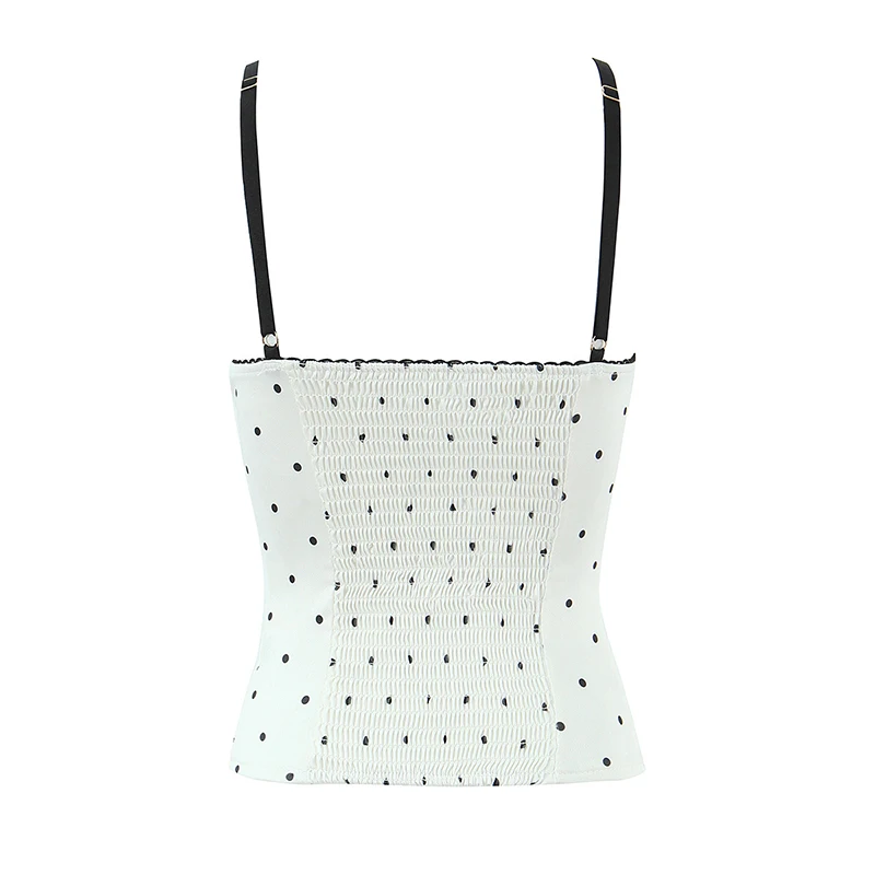YENKYE Women's White Black Polka Dot  Crop Top Lace Trim Sleeveless Fitted Casual Summer Tank Top Sexy