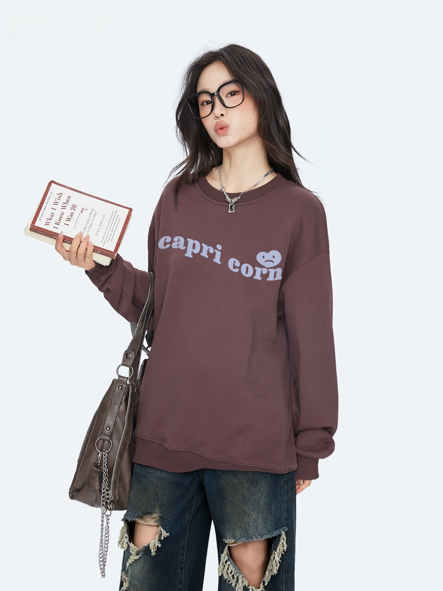 Capricorn round Neck Fleece Lined Oversized Sweatshirt Women's New 2026 Autumn Expression Love Letter Print Comfortable Top