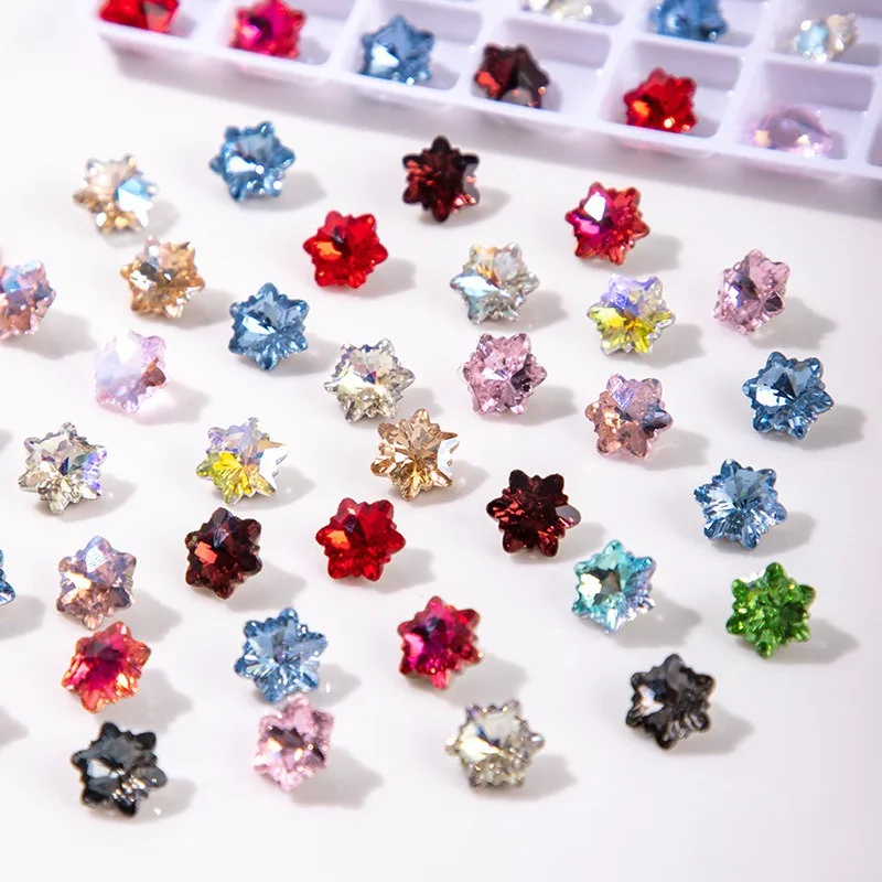 100Pcs 8mm Snowflake K9 Glass Nail Crystal Gems DIY Pointed Bottom Rhinestones Diamond Stone Non-Hotfix Decorations Accessorry