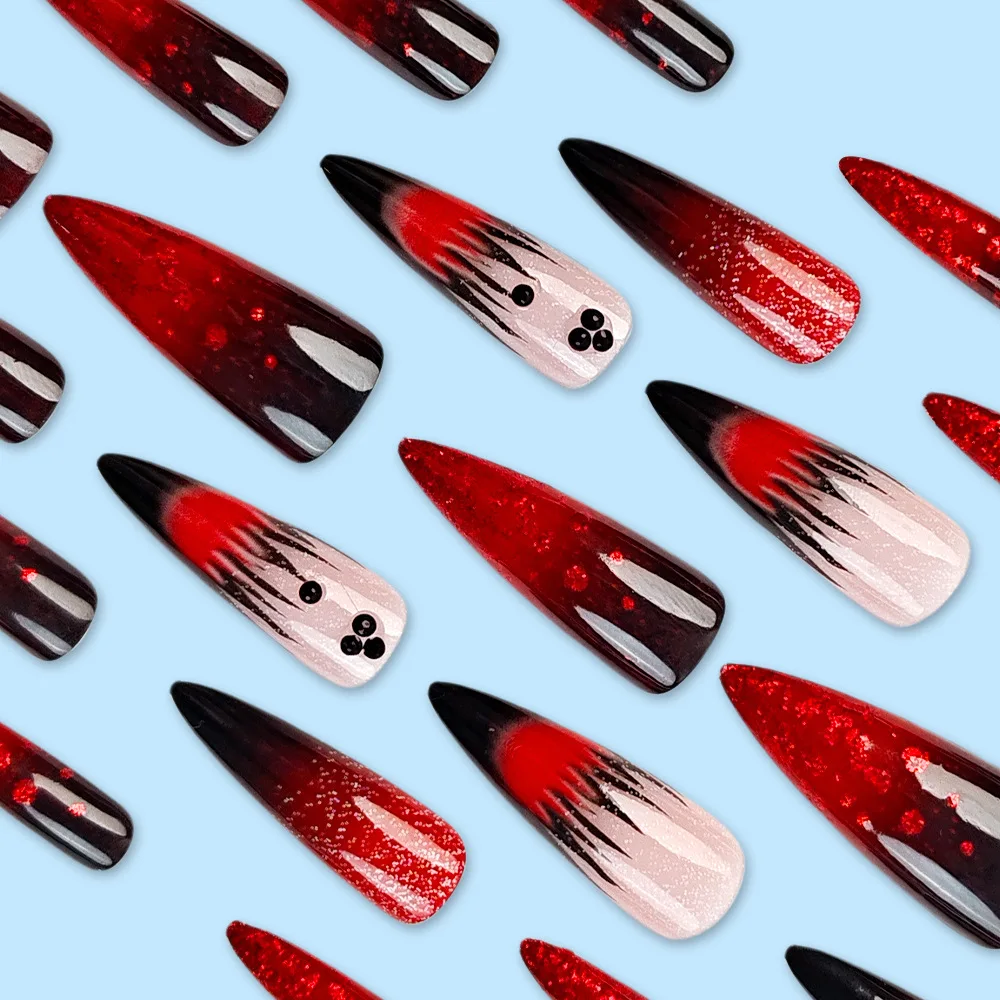 24 قطعة من ضغط اللوز طويل جدًا على الأظافر - متدرج أحمر وأسود مع تصميم لهب أحمر لامع