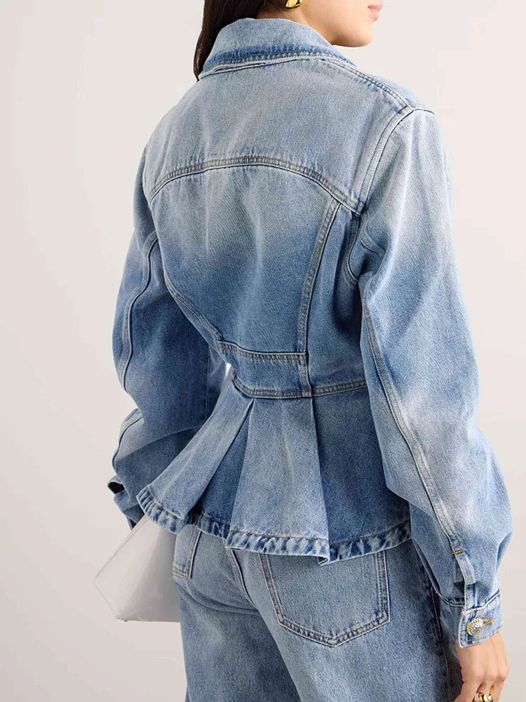 Woman clothing y2k fall and winter metal embossed buckle ruffled lapel Denim jacket2024 waisted long sleeve short Women's jacket