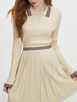 FSLE 여성용 니트 세트 폴로 넥 슬림 여성 레트로 그레이 스웨터 풀오버, 하이 웨이스트 니트 미니 플리츠 스커트, 24FS13127 + 24FS13128