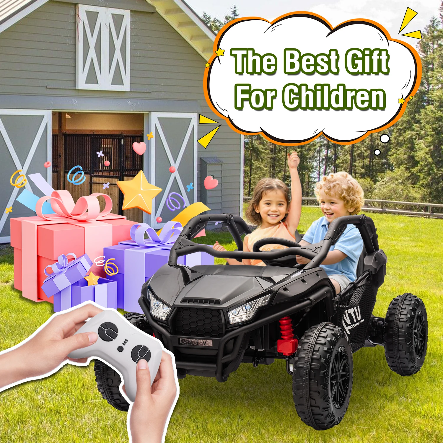 

24V Two-seater Kids Ride Cars On UTV Parents Control,20in seat width,Super high power,Four-wheel Rear storage For Kids aged 3+