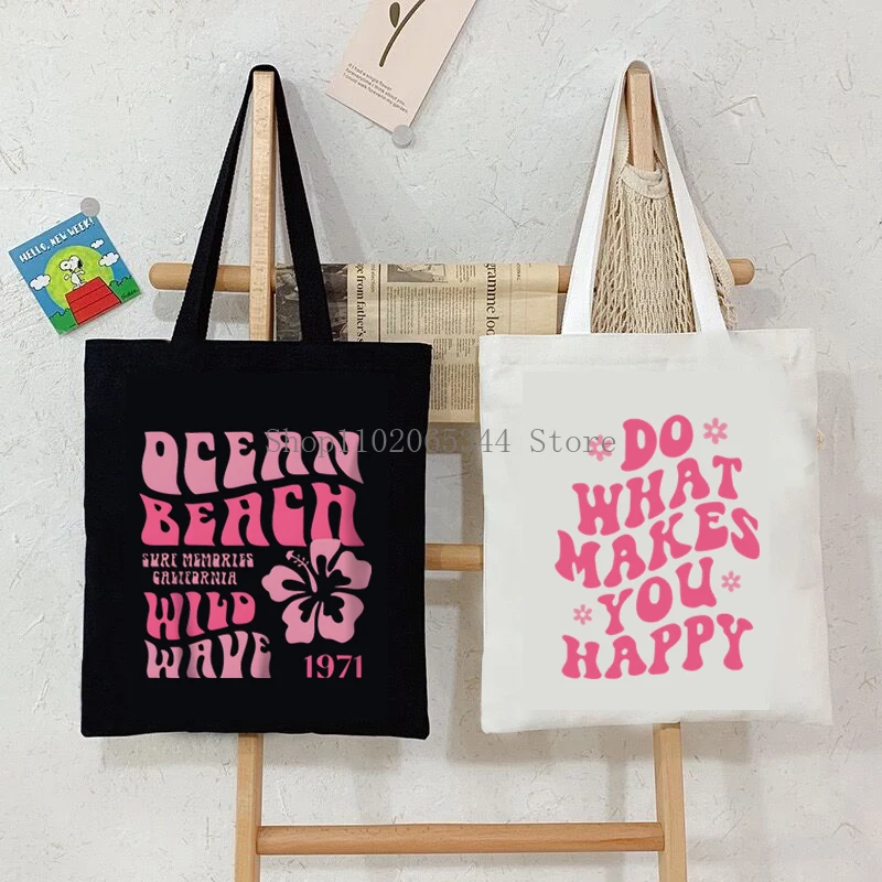 Women Canvas Handbags Ocean Beach Wild Wave Printed Reuseable Shopping Bag Student Floral Letter Tote Bags Women Shoulder Bag