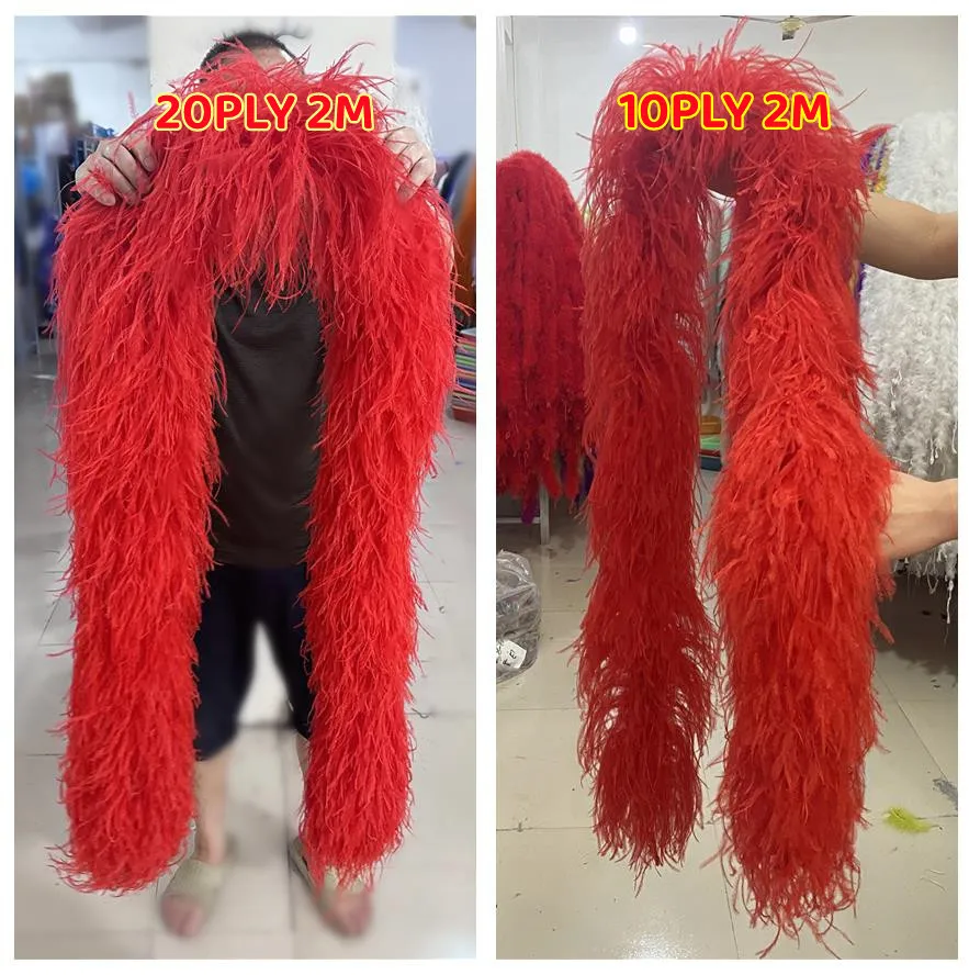 

2 Meter Red Natural Ostrich Feathers Boa for Wedding Carnival Decor Clothing Dress Shawl Sewing Fluffy Plumes Scarf 6/10/20PLY