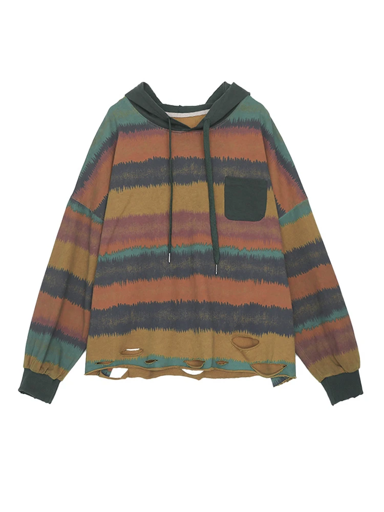 Max LuLu 2024 Fall Womens Fashion Striped Oversized Hooded T-shirts Ladies Casual Holes Design Cotton Tops Classic Loose Clothes