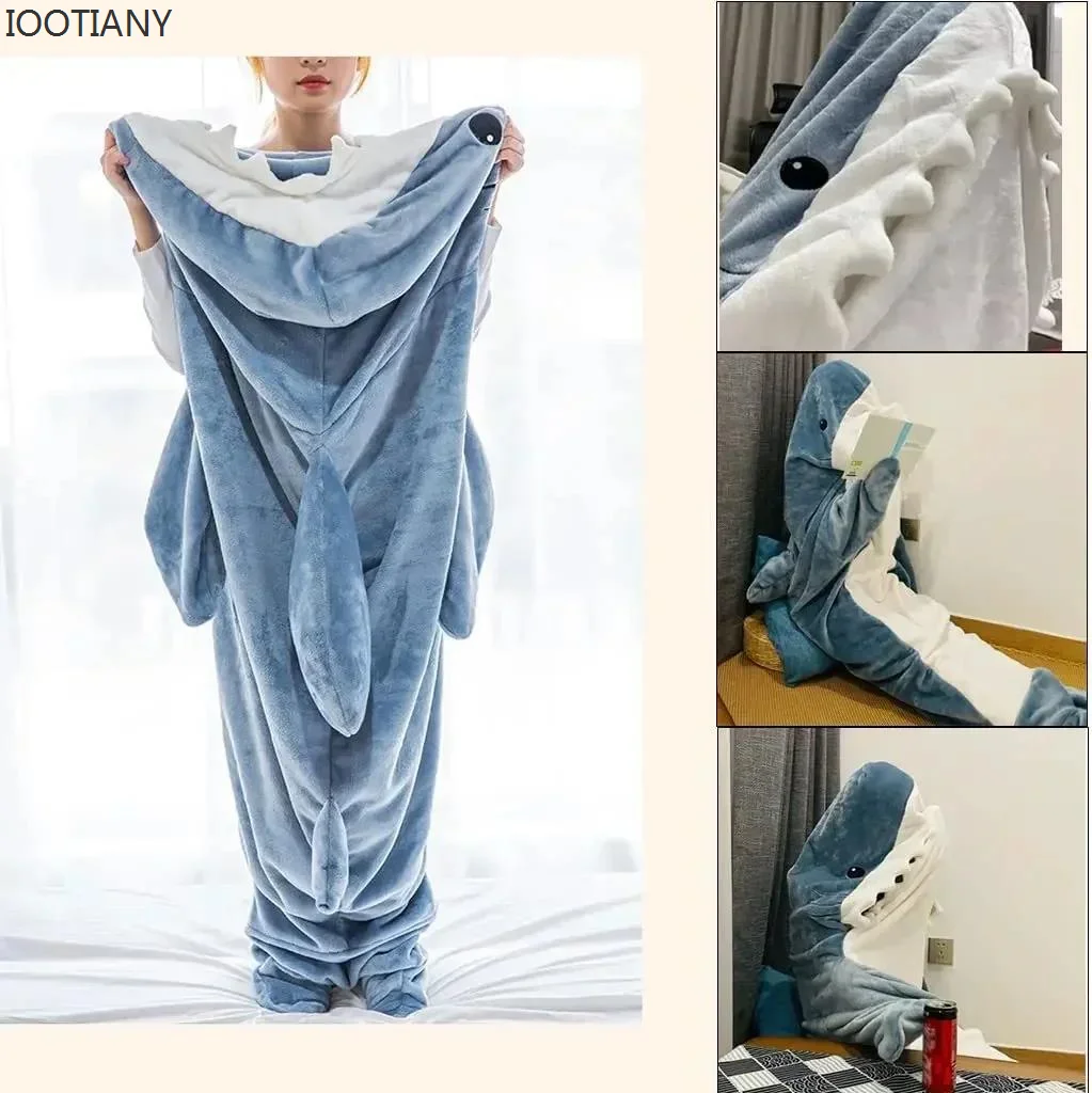 

2024 Cartoon Shark Onesie Adult Cosplay Pajamas Shark Blanket Super Soft Flannel Sleeping Bag Wearable Loose Onesie Pajamas Home