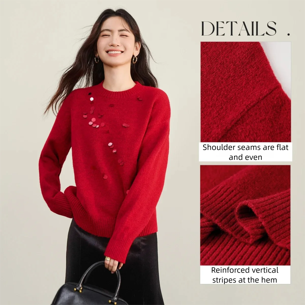 سترة حمراء للعام الجديد من SENTUBILA للنساء 2025 بلوفر تريكو بأكمام طويلة مع بلوزة محبوكة بالترتر للمرأة W54EE3142 #4