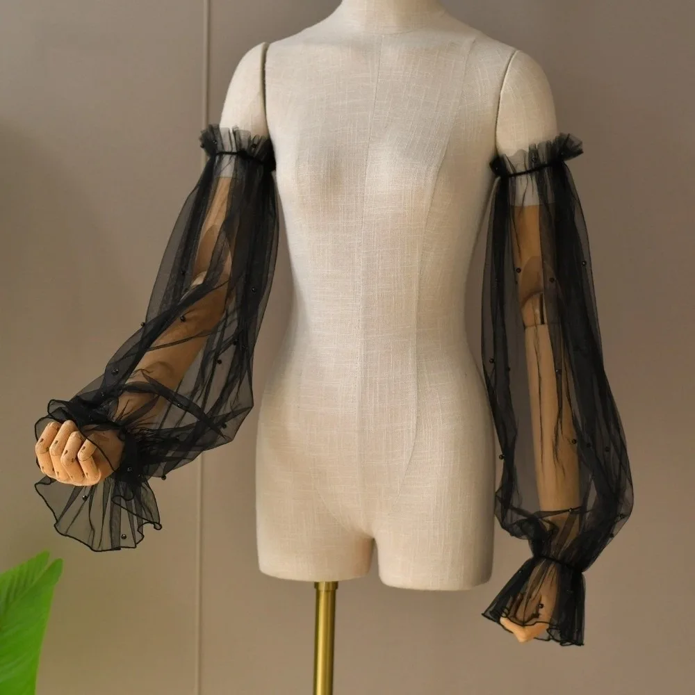 Decorative with Pearl Bridal Sleeves Wedding Dress Elastic Cuff Wedding Arm Sleeves Puffy Tulle Sleeve Party