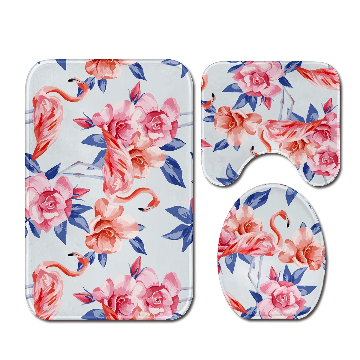 

3 шт. Декор для ванной комнаты с фламинго и цветочным принтом, полиэфирная ткань, можно стирать в машине, U-образный коврик, чехол на сиденье унитаза, нескользящий коврик