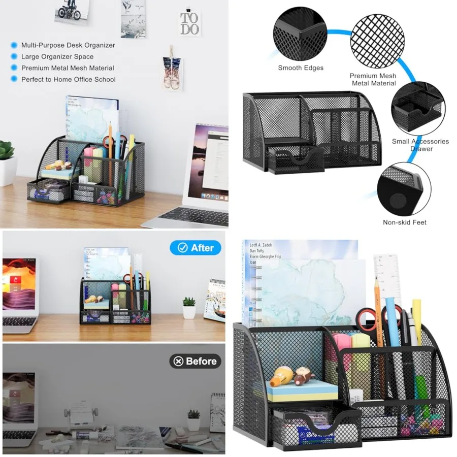 

Mesh Desk Organizer with Drawer Multi-functional Pen Holder Stationery Organizer for Office School Supplies 6 Compartments Dorm