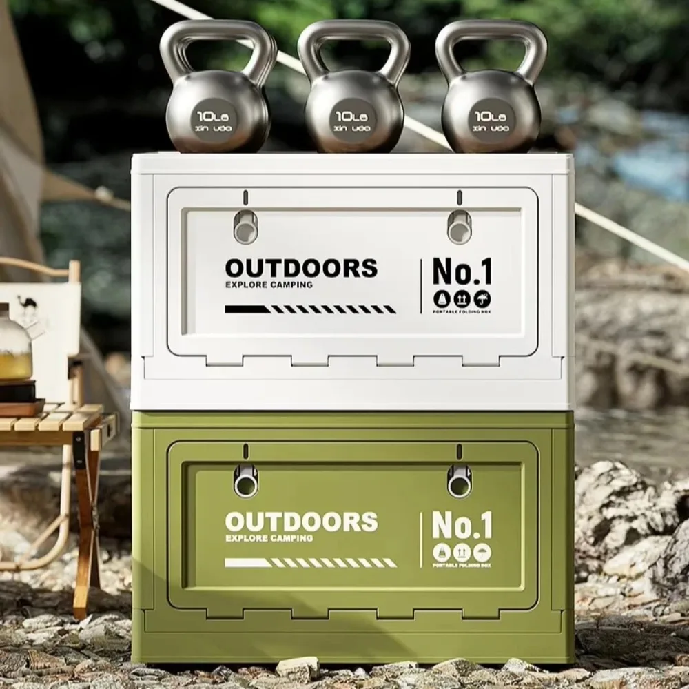 Camping Folding Storage Box with Wooden Lid, 26.7L Large Capacity Side Open Car Trunk Organizer Outdoor Camping Picnic Box