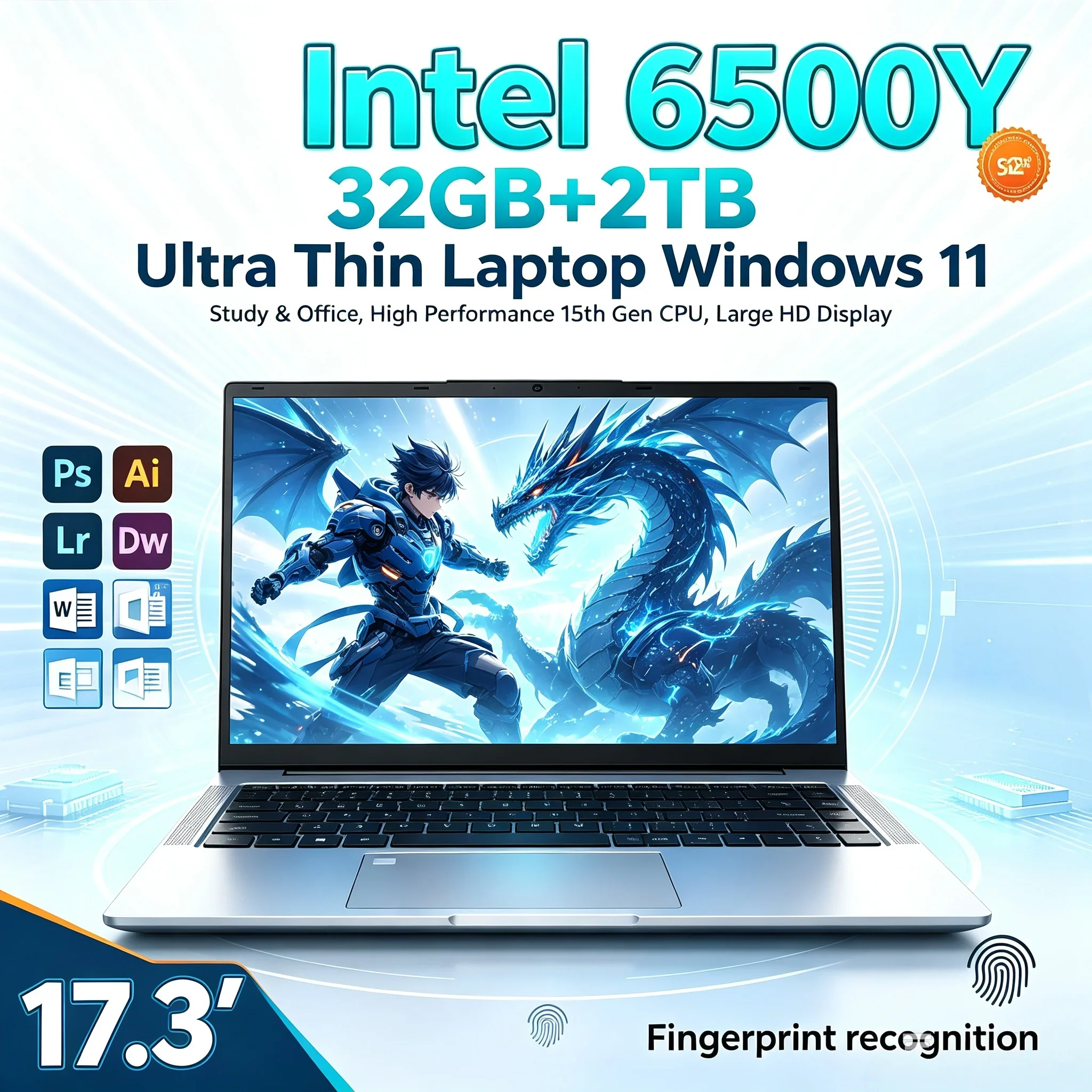 Intel 6500Y 17.3'' Portable Laptop Large HD Screen 32GB RAM 1TB 2TB SSD Windows11 WiFi 6 BT5.2 Notebook For Household Office Use