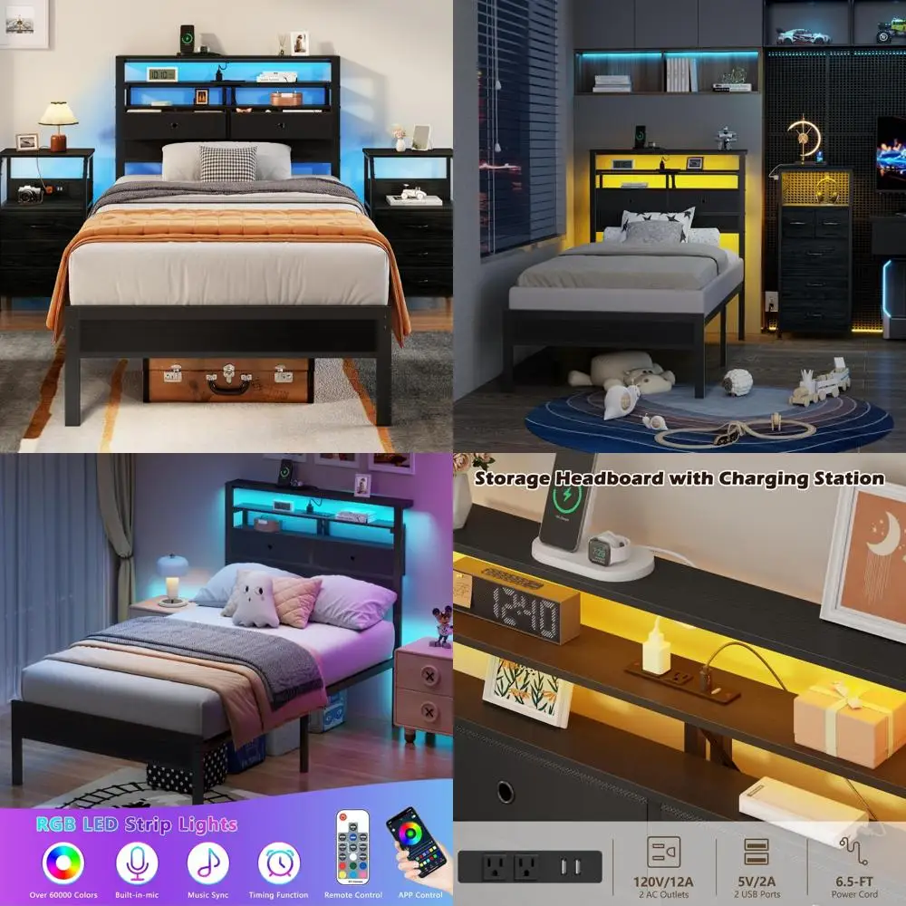 

Каркас двуспальной кровати с зарядной станцией, светодиодной подсветкой, деревянным изголовьем, тканевыми ящиками и полками для хранения вещей