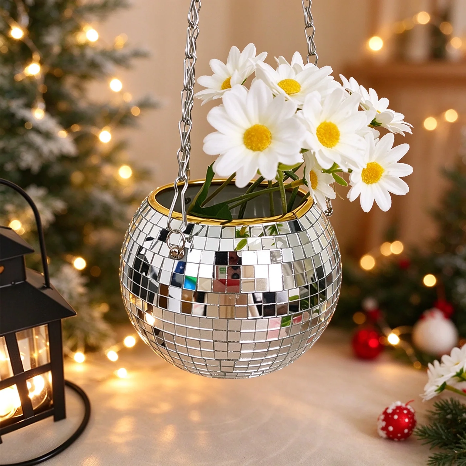 Disco Ball Hanging Planter with Chain, Mirror Flower Pot for Indoor Succulents, Aesthetic Room Decor, Unique Cute Gift for Her