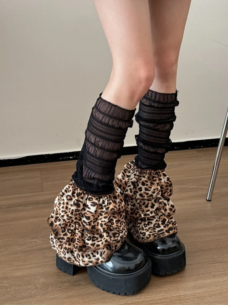 Frauen Lolita Kawaii Spitze Patchwork Rüschen Leopard Beinlinge Stiefel Manschetten Socken Harajuku Japanisch JK Y2K süß lange ausgestellt wärmer