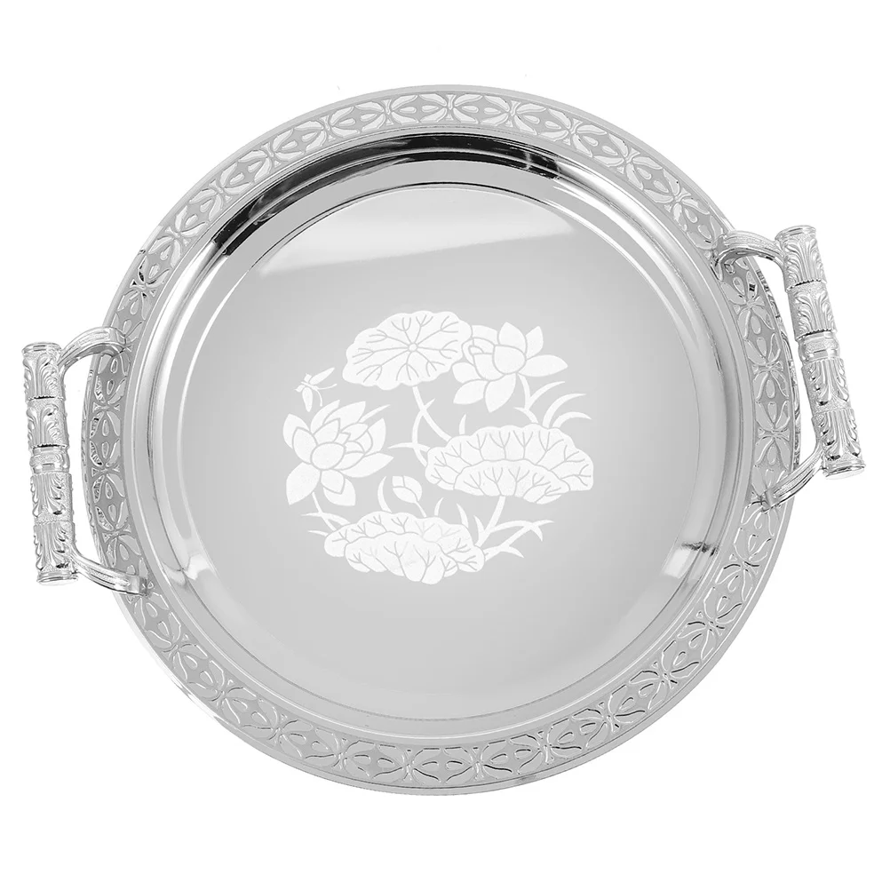 

Elegant Round Pattern Serving Tray Stainless Steel and Plastic Multi-Use Dessert Table Plate for Home Hotel Dining Room Candy