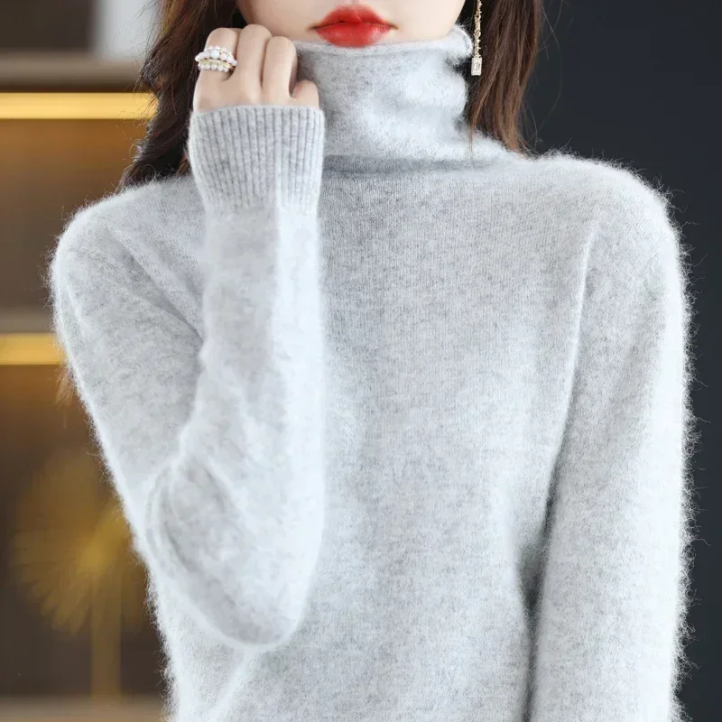 

JVEII Women Clothing Mink Cashmere Sweater Half High Collar Solid Tops Outerwears 2024 Knitted Oversized Pullover