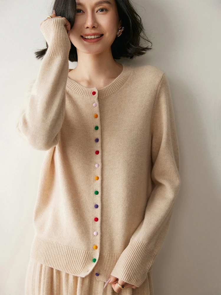

Women's Cashmere Sweater Cardigan Round Neck Colorful Buttons Autumn Winter 100% Cashmere Knitwear Solid Elegant Clothing Tops