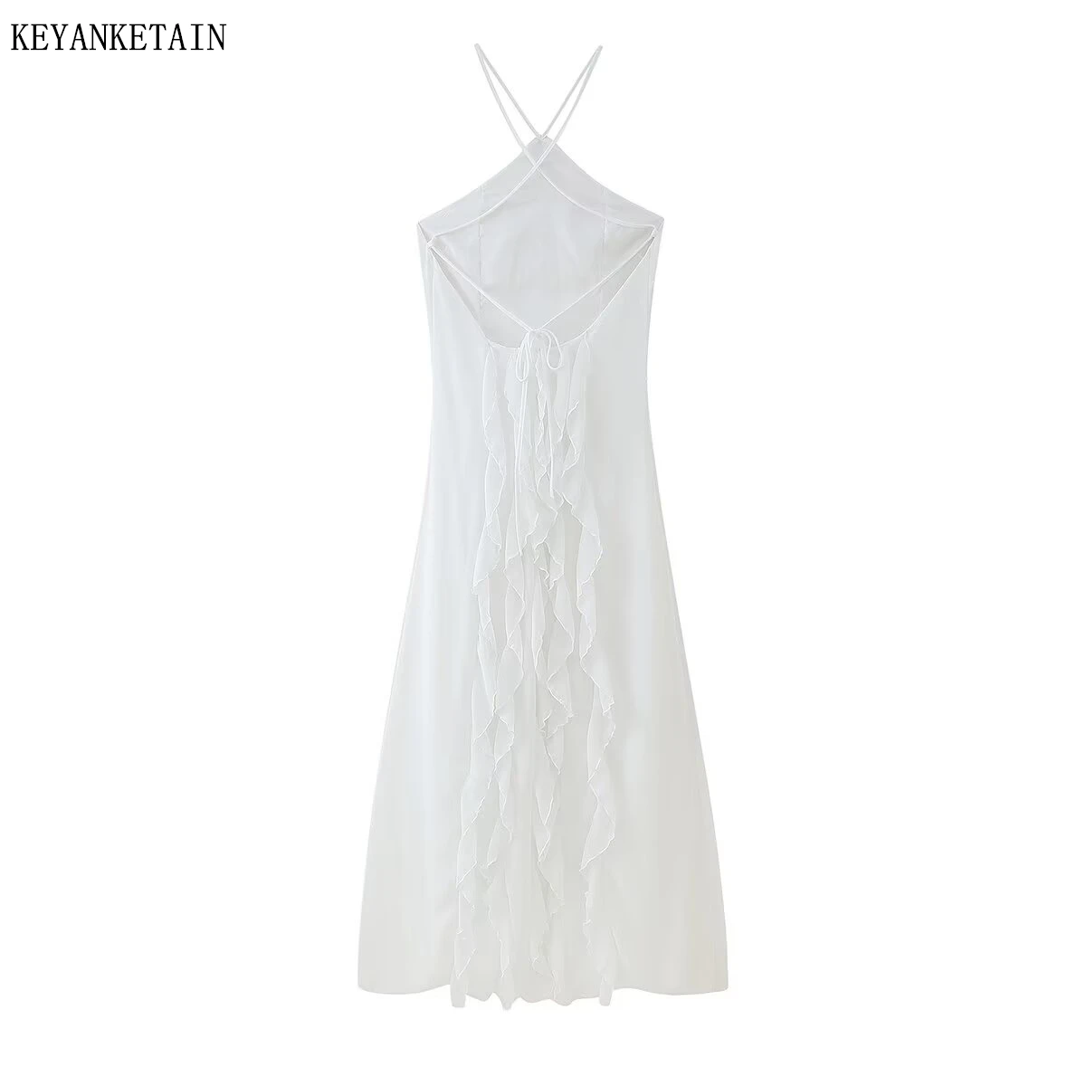 Keyanketian verão novo feriado vento em camadas babados decoração halter midi vestidos femininos sexy sem costas uma linha vestido de fadas deslizamento