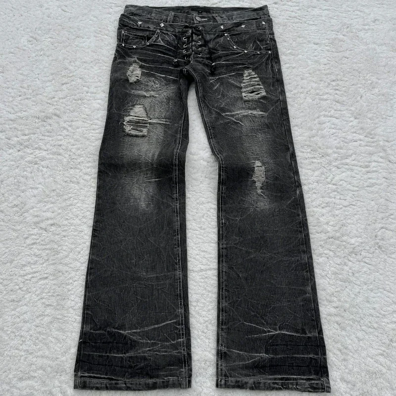 

Miniature flared washing jeans Gothic retro double waist lace pants y2k men's street clothing high quality design sensory pants