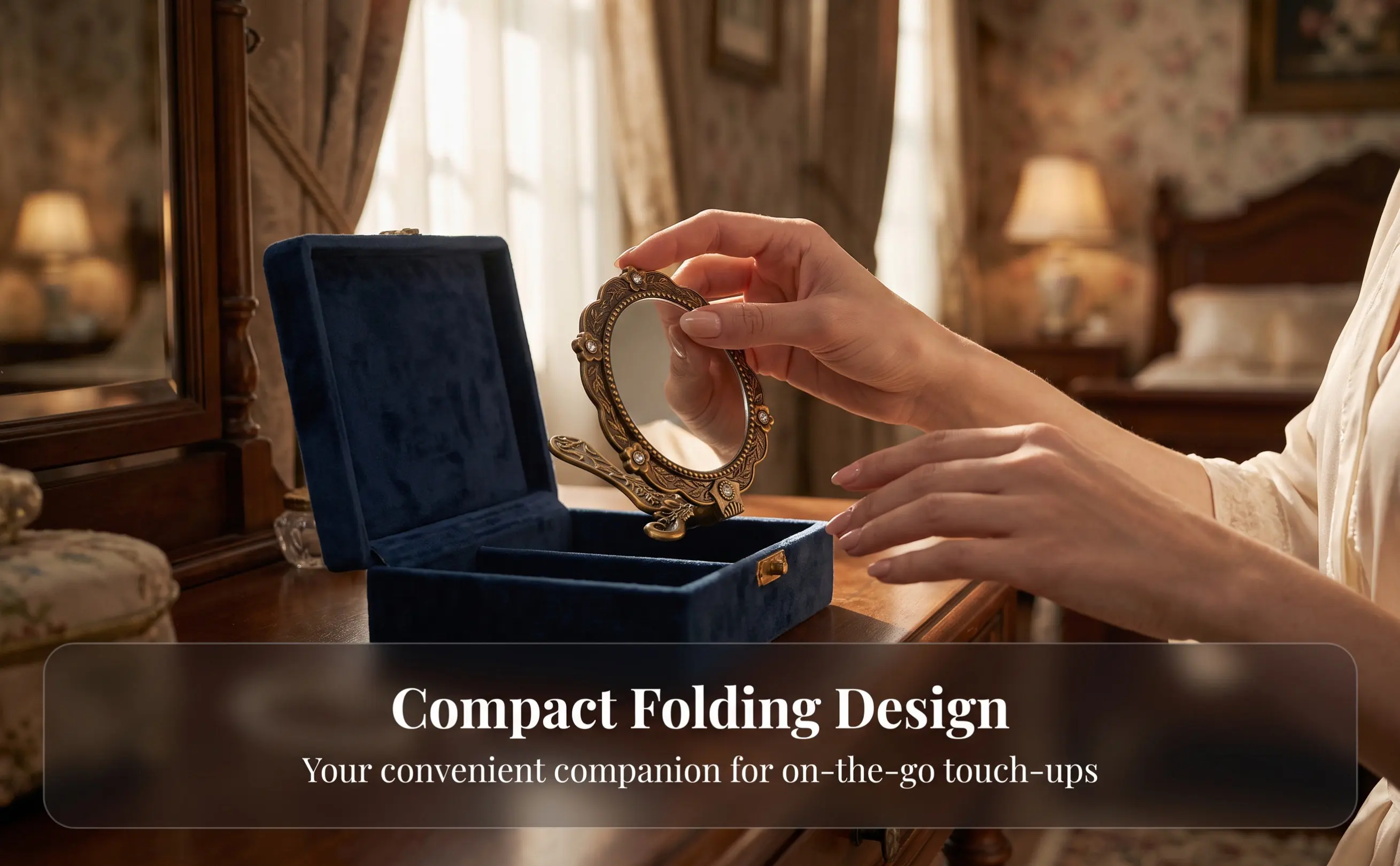 Handheld Vintage Makeup Mirror Folding Portable Mini Mirror Retro Style Clear Reflection for Daily Use Cosplay Party