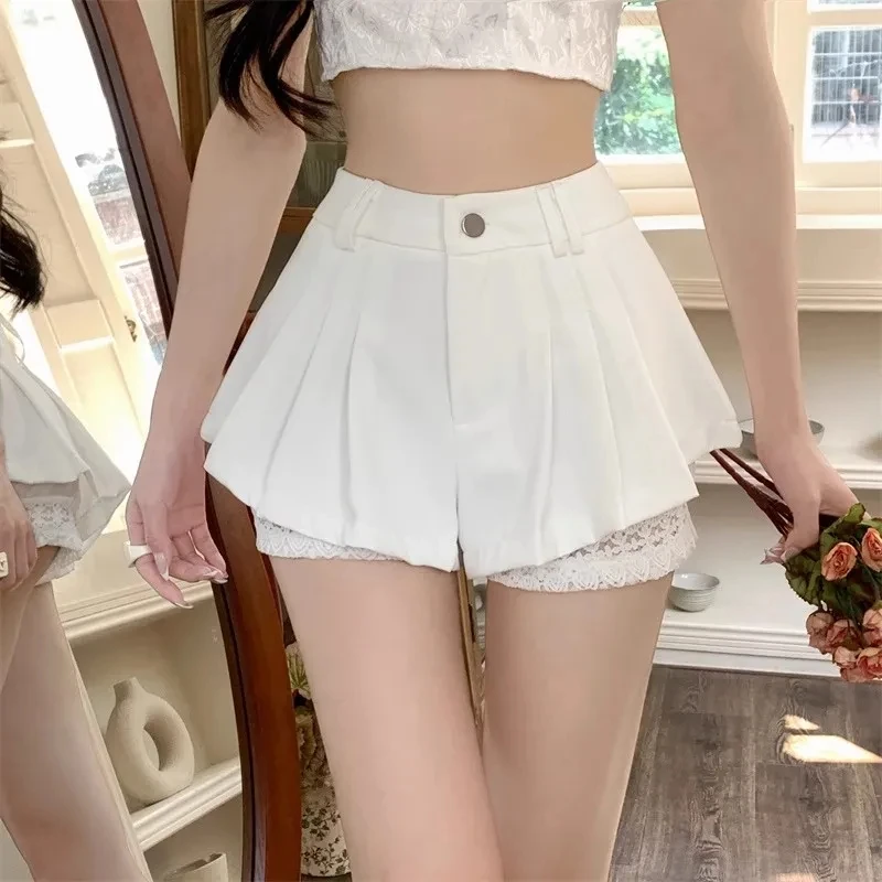 Lace Patchwork Black Shorts Women Korean High Waist A-Line Pleated Skirt Pants Female Streetwear All-Match Wide Leg Suit Shorts