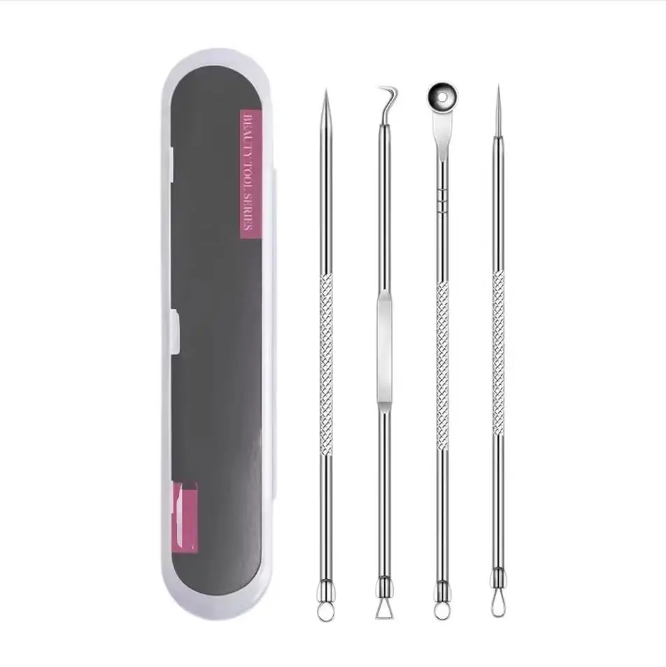 Conjunto de 4 Peças de Ferramentas para Remoção de Cravos, Agulhas Extratoras de Poros Ultrafinos, Kit de Beleza para Limpeza de Acne e Espinhas