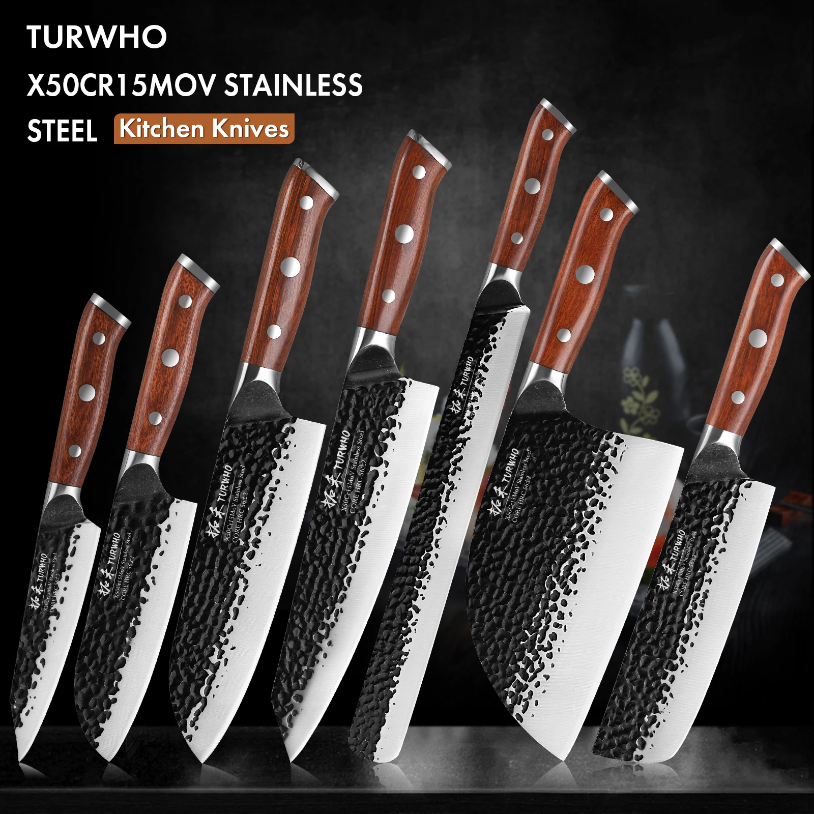 TURWHO Japanese Hand Forged Kitchen Knife X50Cr15MoV Stainless Steel Chef Knives Cutting Vegetable Meat Fruit Cake Tools 1-Piece