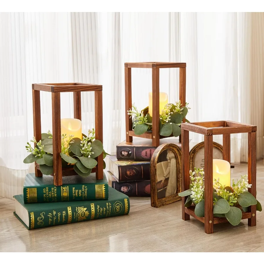 Juego de 48 Uds. De 16 farolillos de boda, centro de mesa para decoración de mesa con portavelas de madera, velas LED sin llama y eucalipto