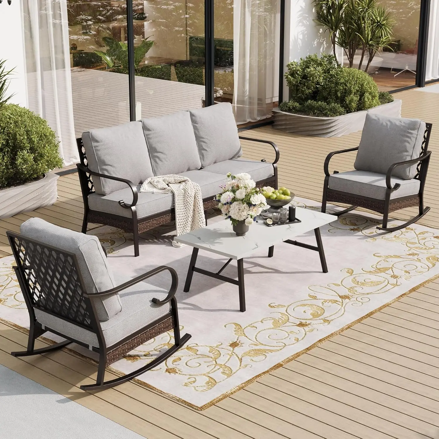 

3-Seater & 2 Rocking Outdoor Patio Conversation Set Metal Frame 5.75" Cushion Coffee Table Backyard Garden, Customized
