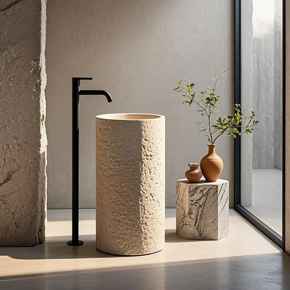 #Beige Breccia Oniciata Marble Pedestal Sink | Artistic Handcarved Freestanding Basin for Outdoor, Balcony, Villa, Bathroom