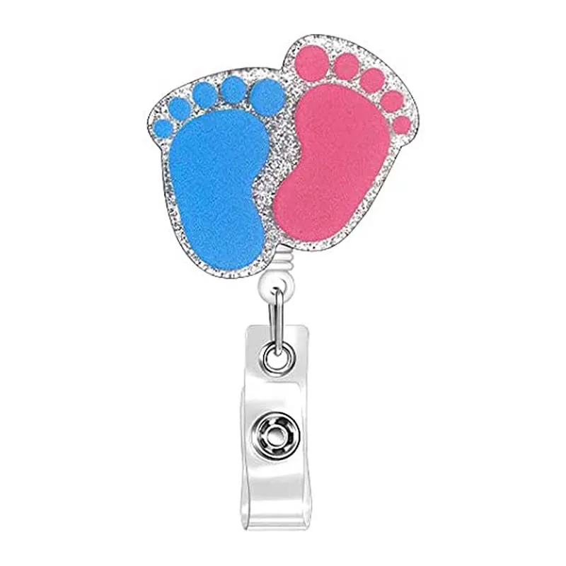 New Glitter Acrylic Baby Footprints Badge Reel Retractable ID Badge Holder With 360 Rotating Alligator Clip Name Holder