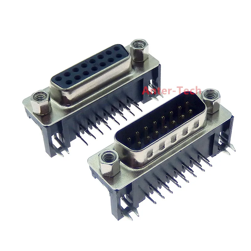 2Pcs Sample Black Male/Female DB15 H DR15 D-Sub Right Angle Double Row Pins PCB Mount VGA Port Connector Socket With Screw Nuts