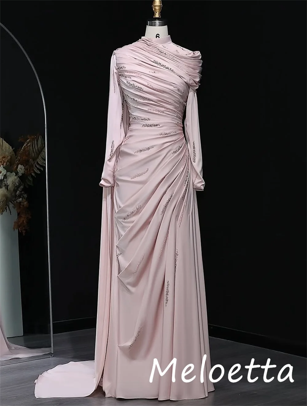 Customized Classic Exquisite Jersey Sequined Pleat A-line High Collar Long Dresses Bespoke Occasion Retro