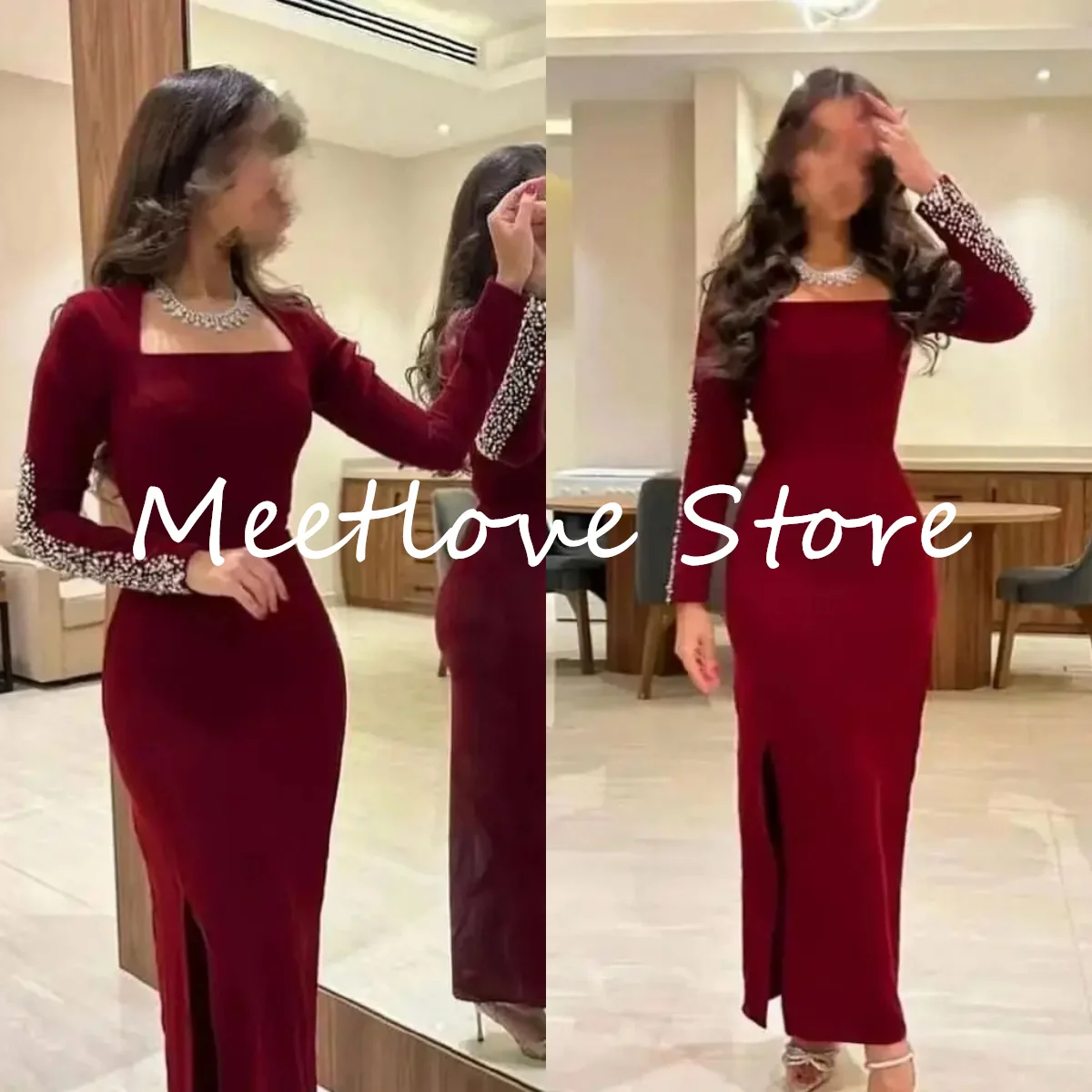 

Meetlove Saudi Arabia Crystal Luxury Evening Dresses Long Sleeves Beads Sexy Formal Women Prom Dress Trumpet Wedding Party Gowns