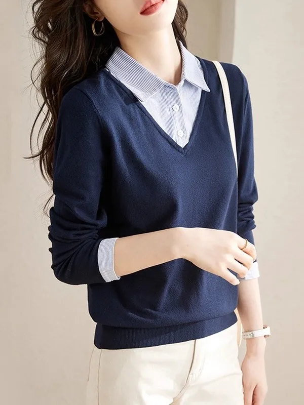 

Женская рубашка с длинным рукавом и воротником, имитация двухслойности, омолаживающий дизайн для осенне-весеннего сезона