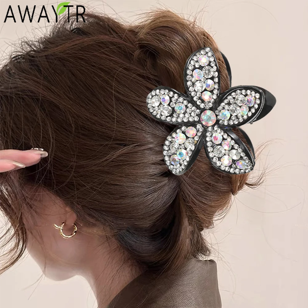 AWAYTR Diamond Flower Hair Clips Crystal Crab Claw Ponytail Barrettes Girl Shark Clip Hair Accessories Valentine Gift Headwear