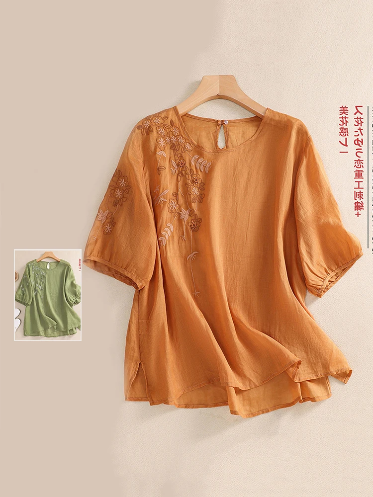 

Retro Cotton Linen Embroidered ort Sve T-irt Large Size Women's round Ne Ba Button Split Casual Summer Top