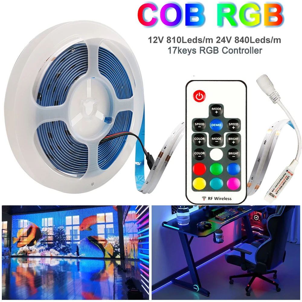 

DC12 DC24V COB RGB LED Strip Light High Density Flexible 10MM Width 810-840Pixels/M 0.5-5M Mini RF Controller 17Keys 4Pin Dimmer